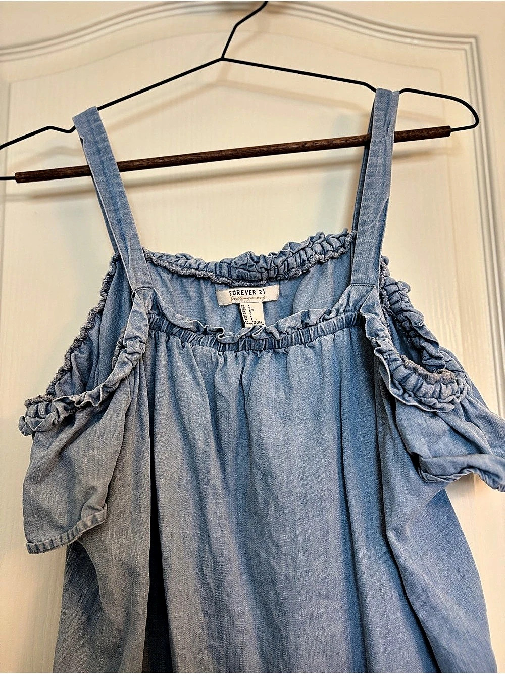 Forever 21 Contemporary Chambray Cold Shoulder Ruffle Dress Large Blue